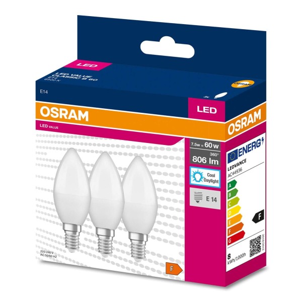 OSRAM LED VALUE CLASSIC B 60 7.5WE14 Lampe 806lm 6500K tageslichtweiss wie 60W 4058075385221