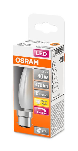 OSRAM LED Kerze Retrofit B40 5W B22d Dimmbar matt warmweiss wie 40W