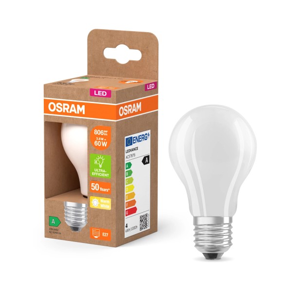 OSRAM LED CLASSIC höchste Effizienzklasse A 3.8W 827 gefrostet E27 Lampe 806lm 2700K warmweiss wie 60W 4099854236778