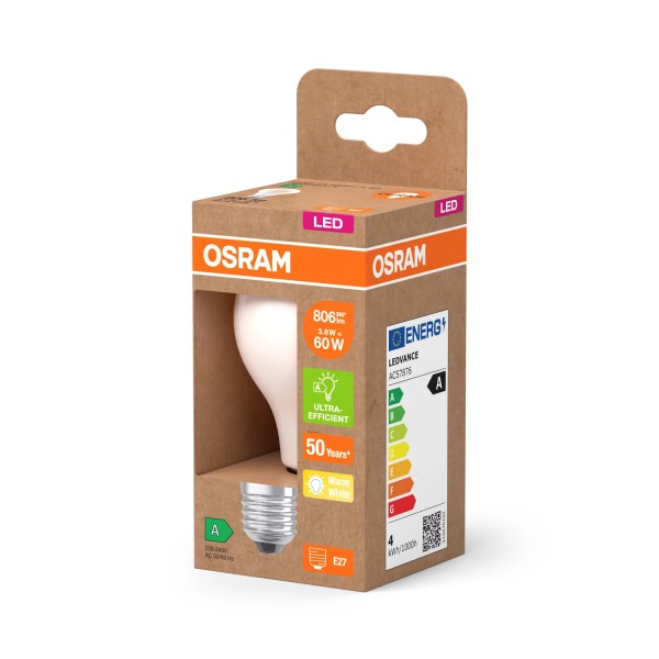 OSRAM LED CLASSIC höchste Effizienzklasse A 3.8W 827 gefrostet E27 Lampe 806lm 2700K warmweiss wie 60W 4099854236778